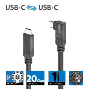PureLink Purelnstall MicroX4 PI6620-005 mikro-koaksjalny kabel USB-C / USB-C 90° (lewo/prawo) USB4 Gen2x2 20Gbps 240W E-marker Alt-mode 0,5m